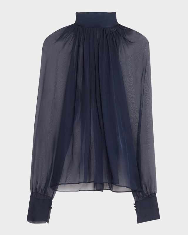 Sheer Ruched Hig-Neck Blouse